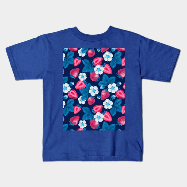 Pink strawberries on blue Kids T-Shirt by katerinamk